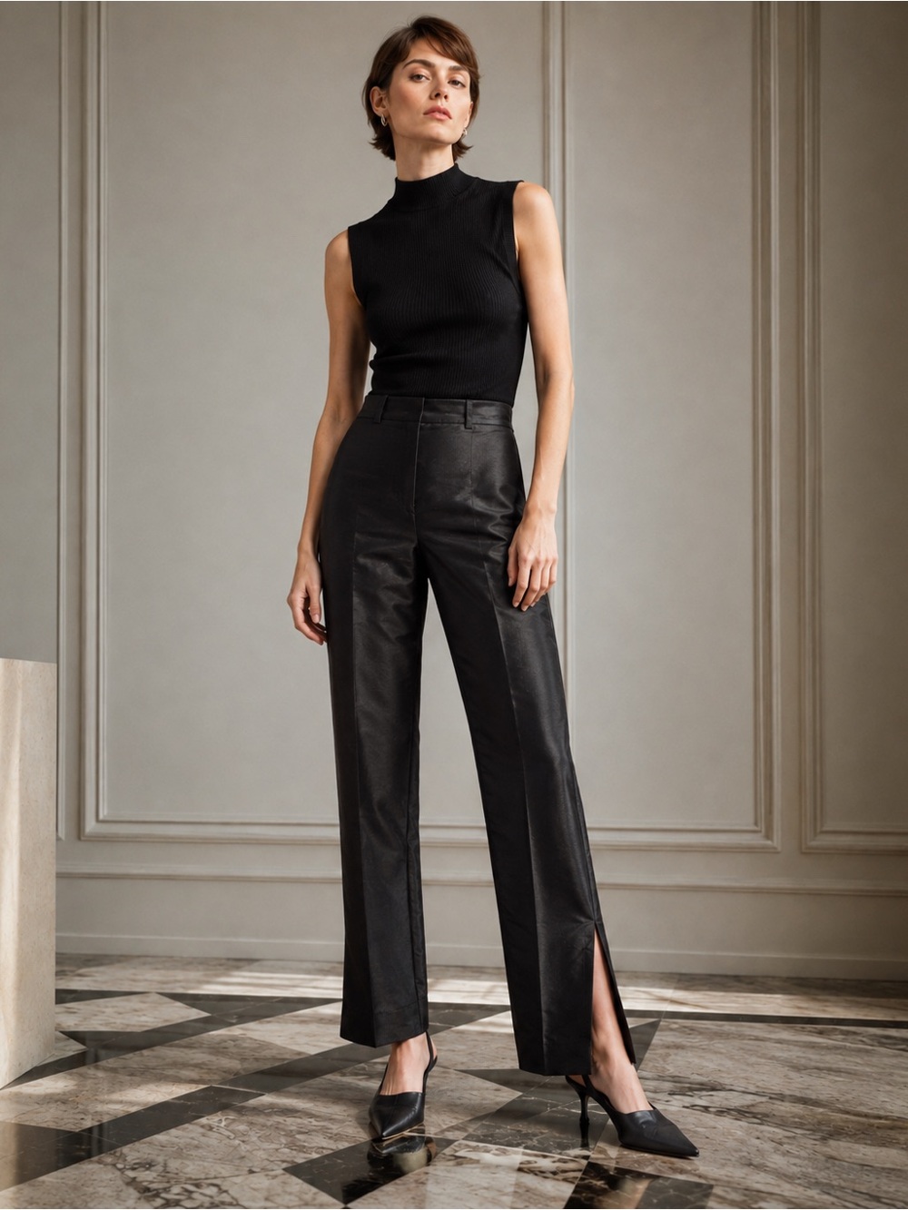 Vintage 100% Silk Black Trouser High Waisted Side slits Pants Quiet Luxury